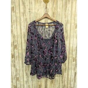 Faded Glory Burnt Velvet Whimsigoth Semi-Sheer Blouse Shirt Purple Floral XL